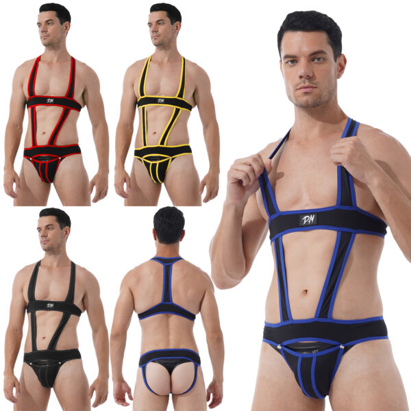 Mens Sexy Hollow Out Jumpsuit Jockstrap Men Underwear Male Teddy Underwear
