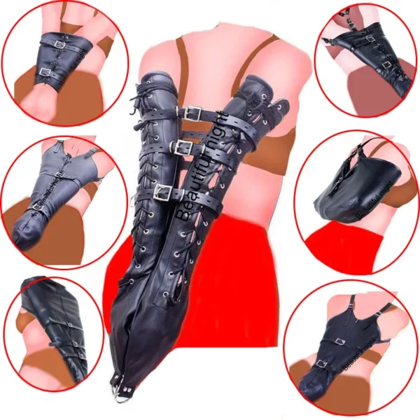 Leather Arm Binder Glove Sleeves - Behind Back Bondage Armbinder, BDSM Handcuffs Straight Jacket - Sex Gloves for Couples' Intimate Play