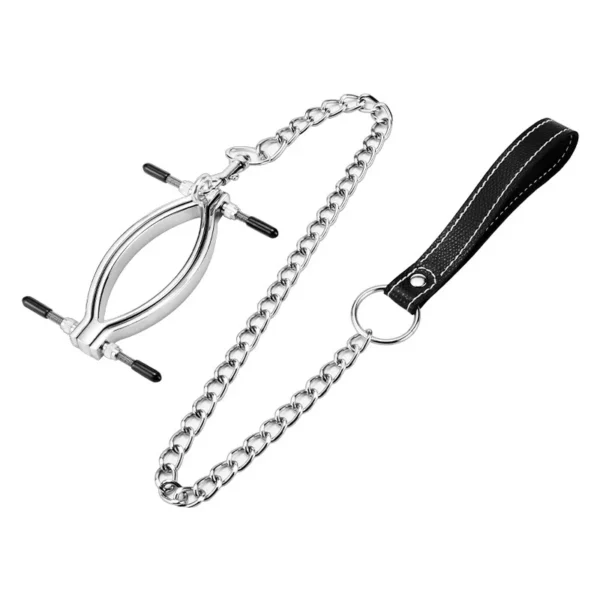 Labia Spreader Strap with Clitoral Clamp - Pussy Opening Vagina Stimulator for SM Bondage - Nipple Sucker Included