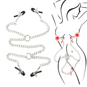 Metal Nipple Clamps with Chain - 3/4 Heads Breast Clips, BDSM Body Spread Labia Spreader Straps for Women