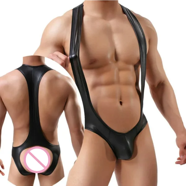 Sexy PU Bodysuit for Men – Jockstrap, Wrestling Singlet, Leotard, and Suspender Overalls
