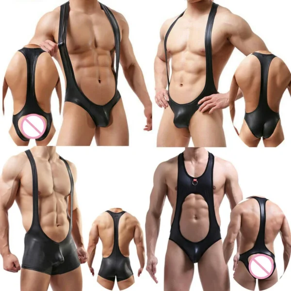 Sexy PU Bodysuit for Men – Jockstrap, Wrestling Singlet, Leotard, and Suspender Overalls - Image 2
