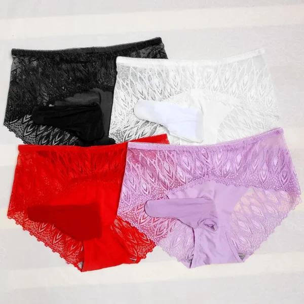 Floral Lace Men’s Bikini Briefs with Penis Sleeve - Sexy Sheer Sissy Pouch Panties - Image 6