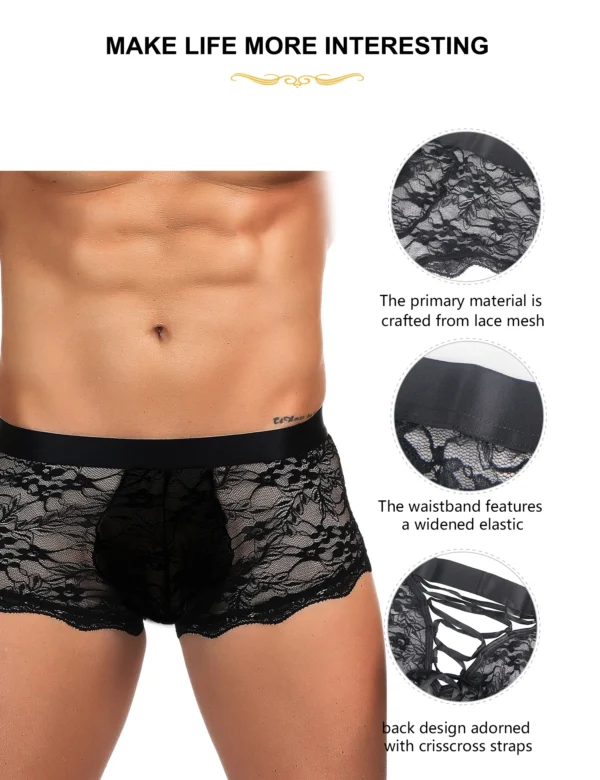 Men's Sexy Black Lace Strappy Boxer Shorts - Seamless, Hollow, Erotic Sissy Underwear - Image 3