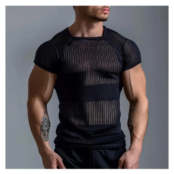 Men's Black See-through Striped Mesh Sleeveless Vest - Sexy Cutout Summer Tank Top - Image 4