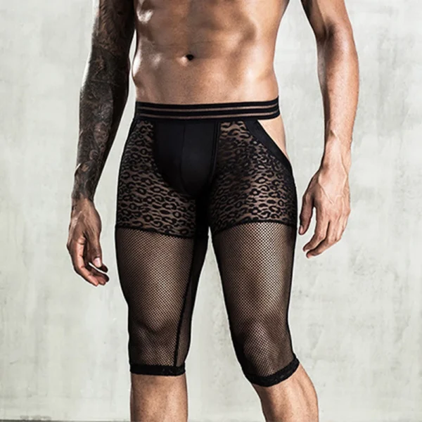 Men's Transparent Mesh Leopard Print Boxer Briefs with Open Back and Bulge Pouch – Knee Length Underwear - Image 2