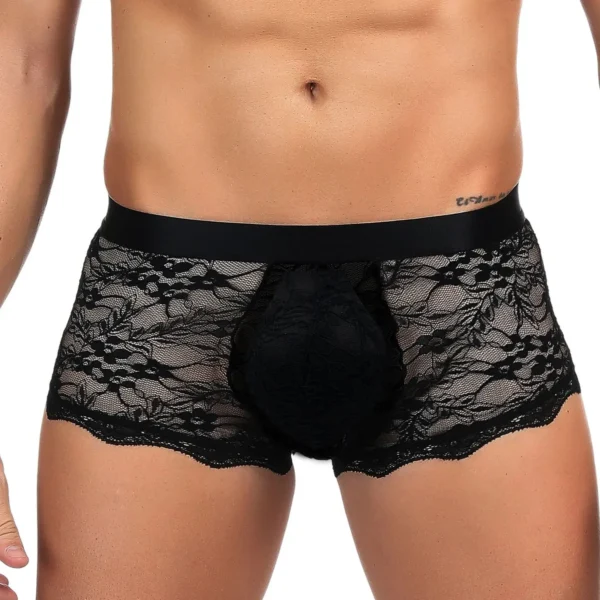 Men's Sexy Black Lace Strappy Boxer Shorts - Seamless, Hollow, Erotic Sissy Underwear
