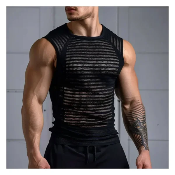 Men's Black See-through Striped Mesh Sleeveless Vest - Sexy Cutout Summer Tank Top - Image 2